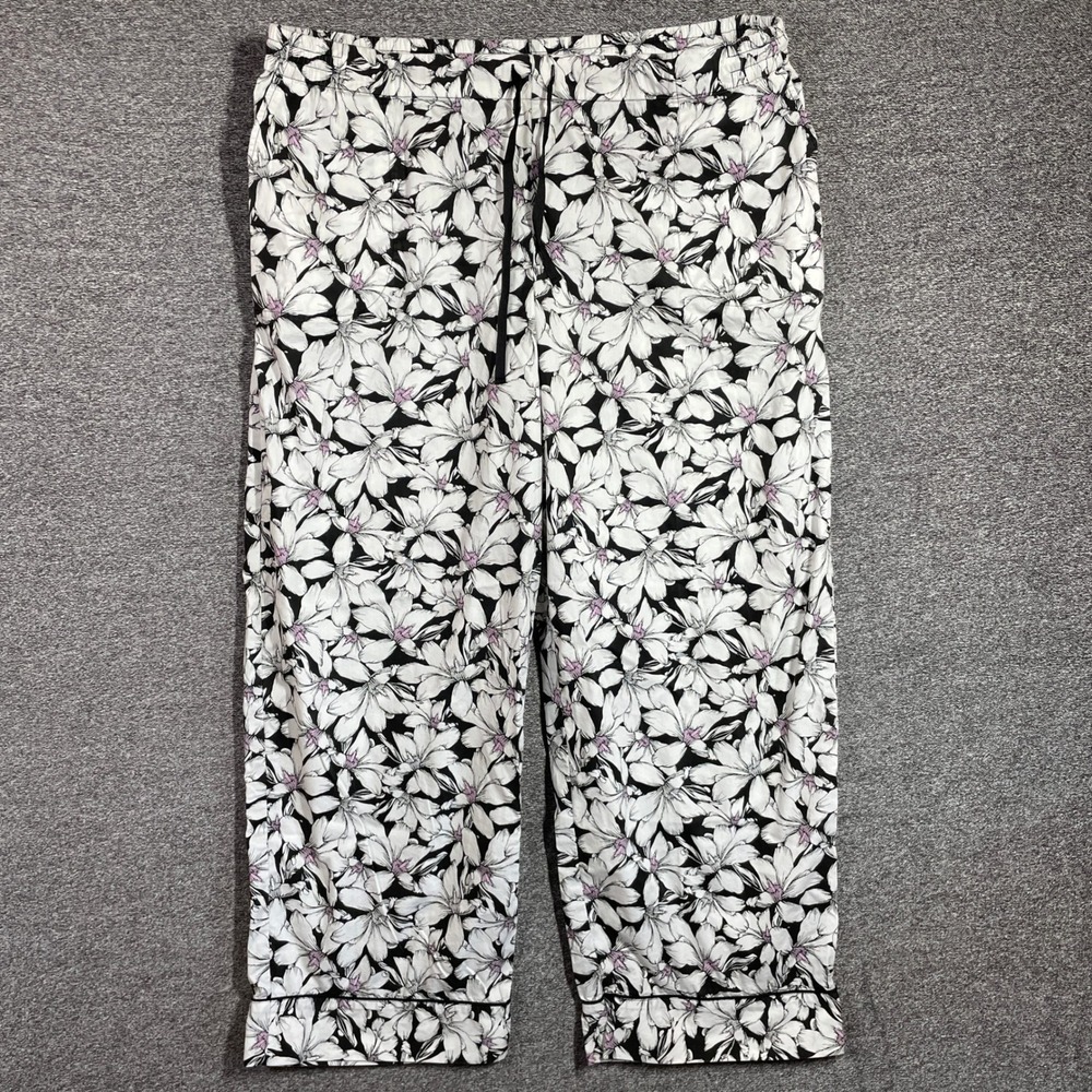 Soma Pajama Pants Womens XL Black White Floral Print Cropped Wide Leg Cotton